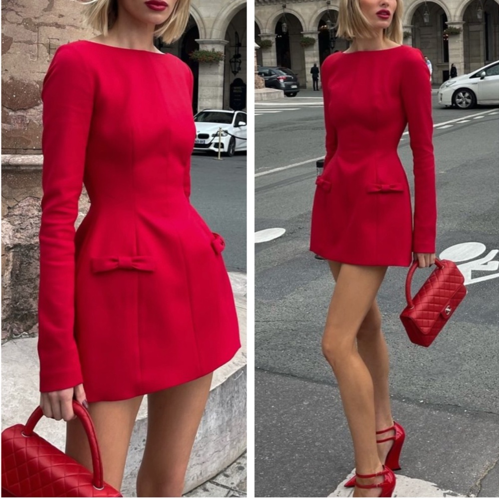 NWT HELSA The Parasol Long Sleeves Mini Dress - Red Bow Detail